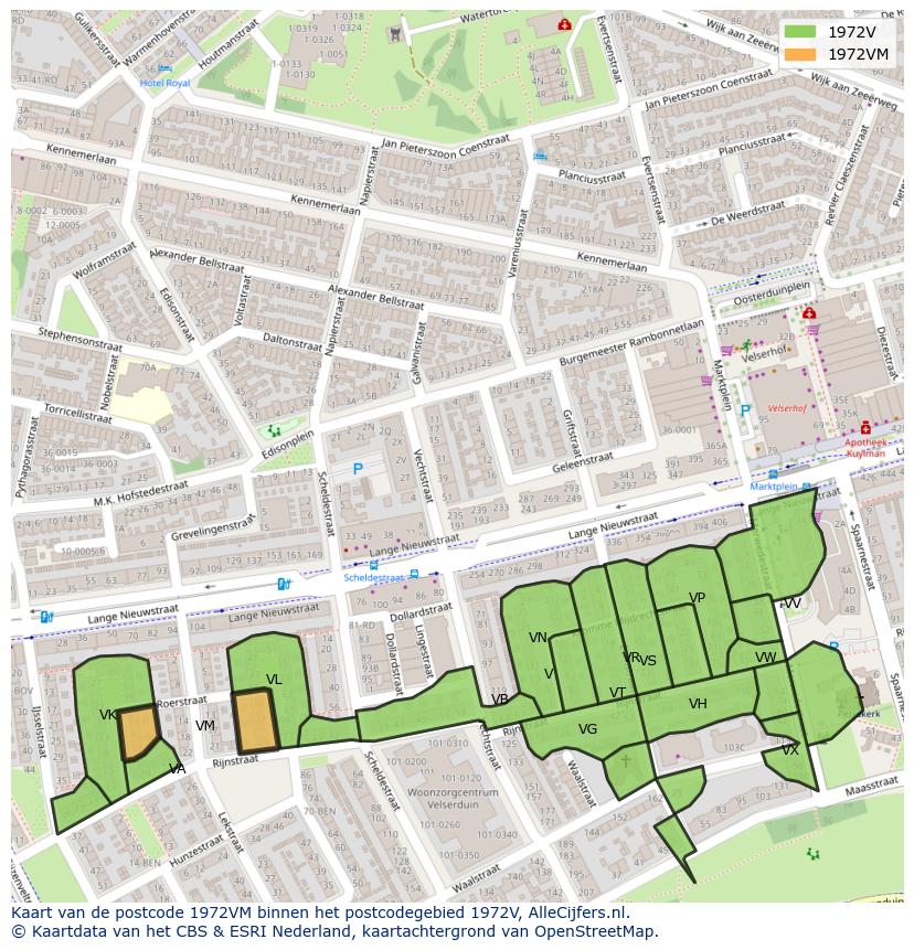 Afbeelding van het postcodegebied 1972 VM op de kaart.