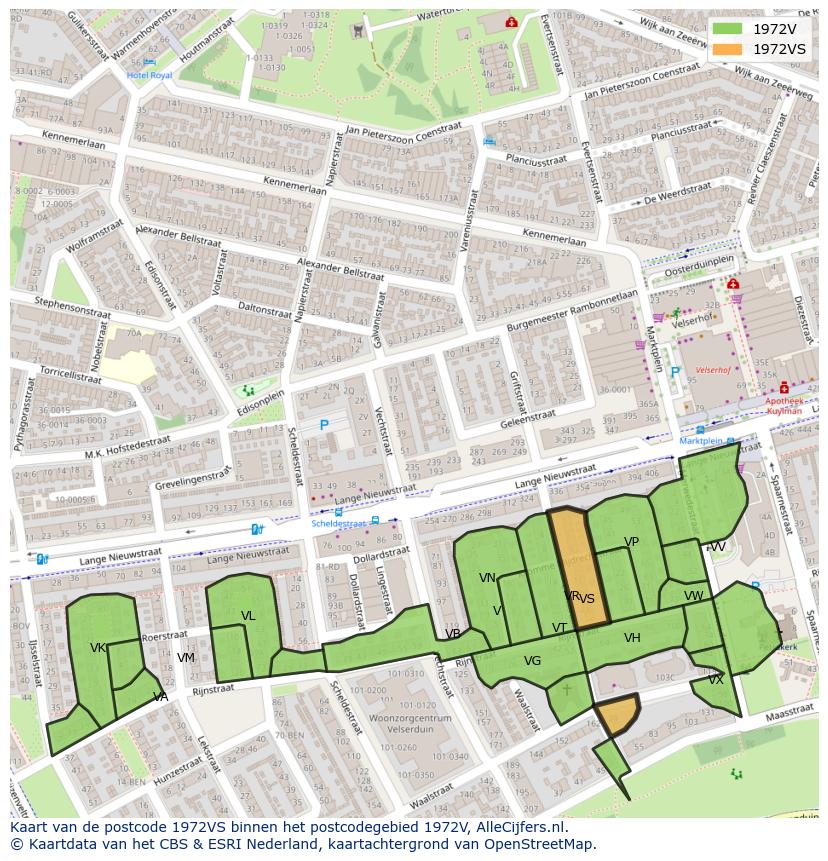 Afbeelding van het postcodegebied 1972 VS op de kaart.