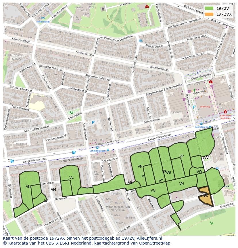Afbeelding van het postcodegebied 1972 VX op de kaart.