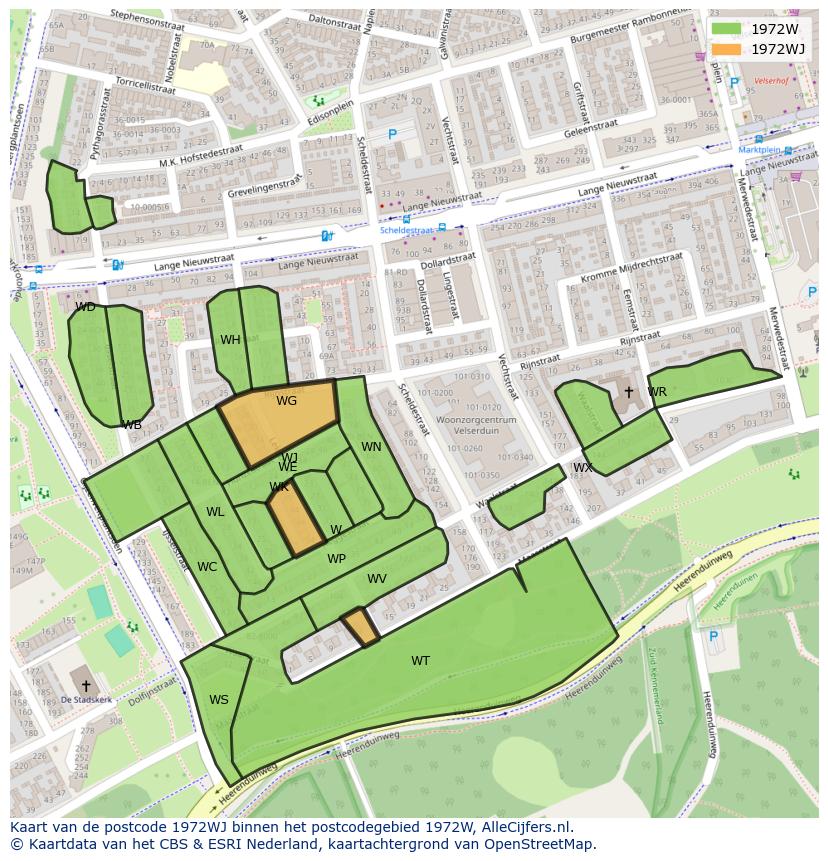 Afbeelding van het postcodegebied 1972 WJ op de kaart.