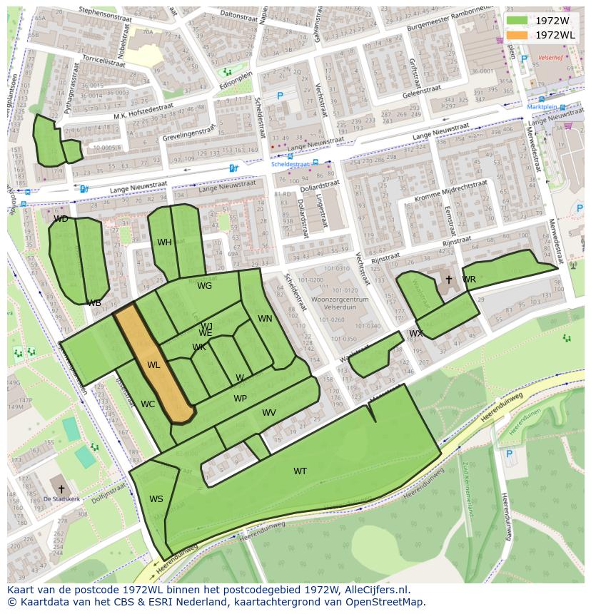 Afbeelding van het postcodegebied 1972 WL op de kaart.