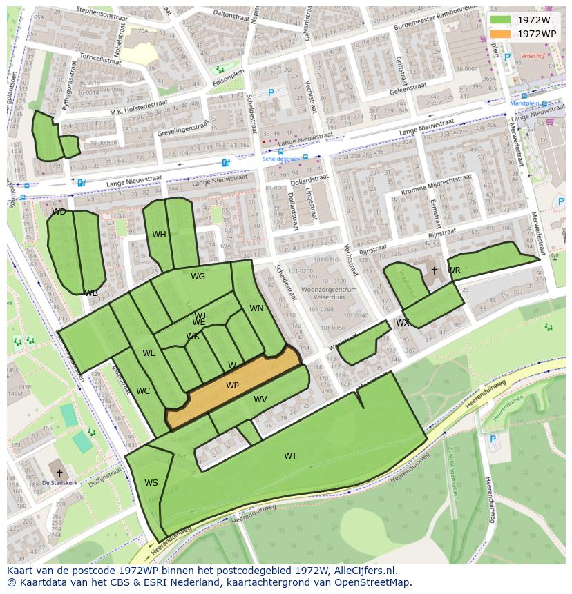 Afbeelding van het postcodegebied 1972 WP op de kaart.