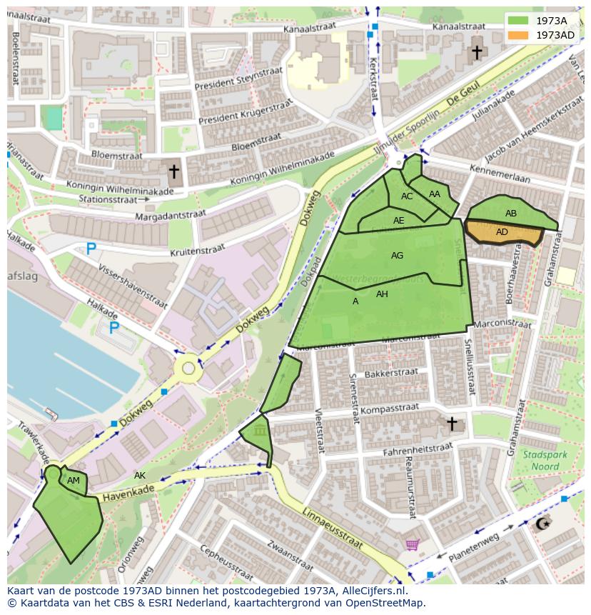 Afbeelding van het postcodegebied 1973 AD op de kaart.