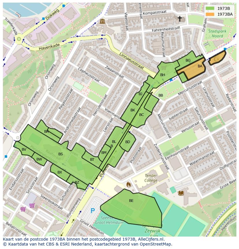 Afbeelding van het postcodegebied 1973 BA op de kaart.