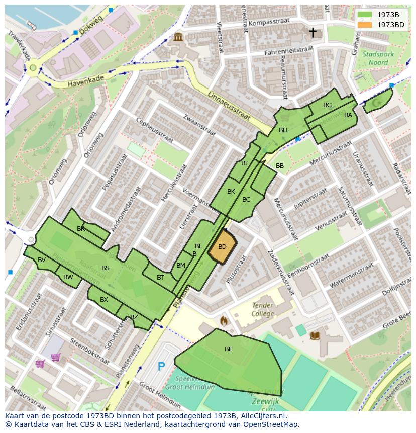 Afbeelding van het postcodegebied 1973 BD op de kaart.