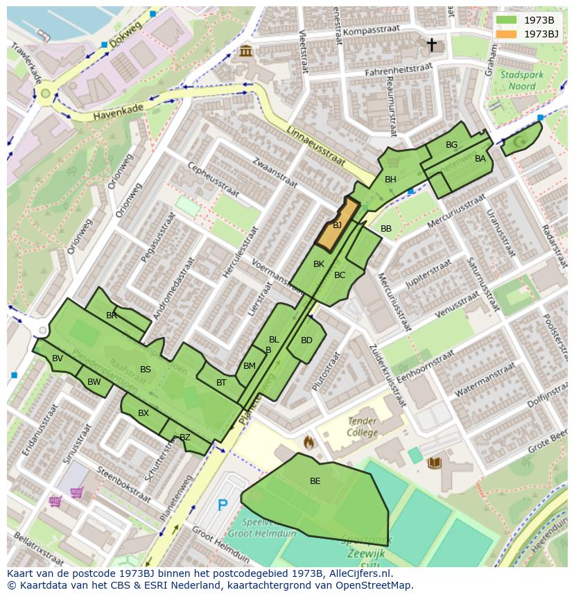 Afbeelding van het postcodegebied 1973 BJ op de kaart.