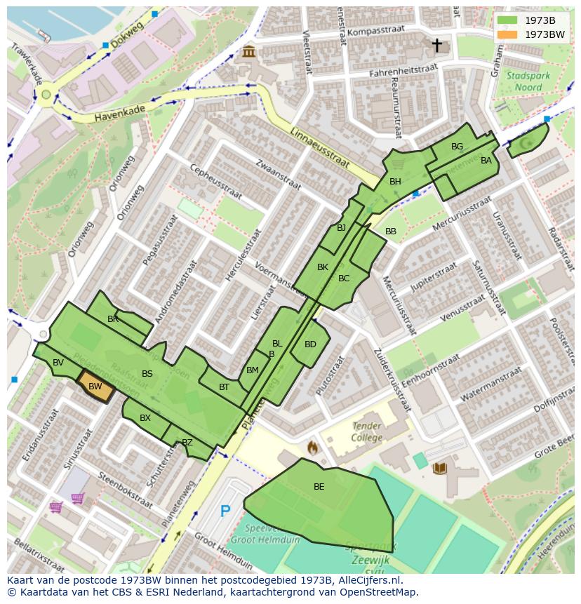Afbeelding van het postcodegebied 1973 BW op de kaart.