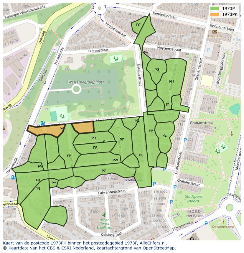 Afbeelding van het postcodegebied 1973 PK op de kaart.