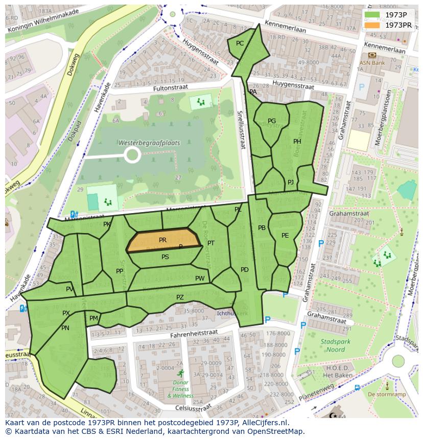 Afbeelding van het postcodegebied 1973 PR op de kaart.