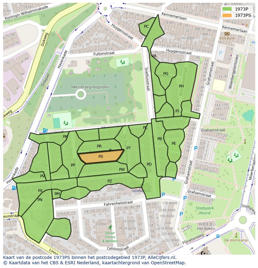 Afbeelding van het postcodegebied 1973 PS op de kaart.