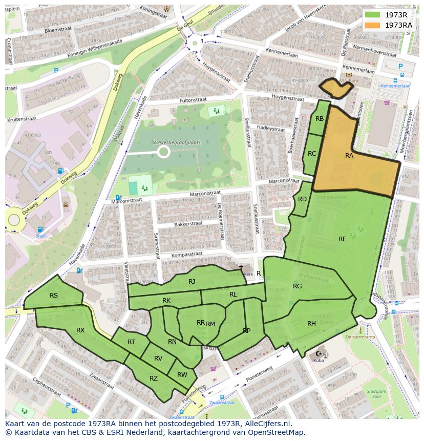 Afbeelding van het postcodegebied 1973 RA op de kaart.