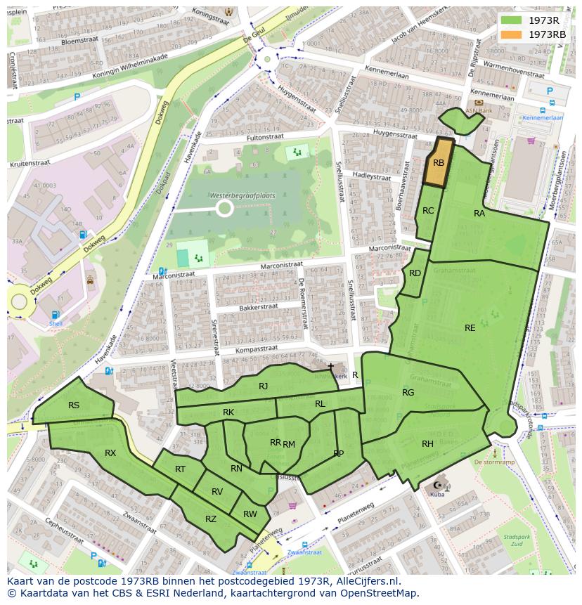 Afbeelding van het postcodegebied 1973 RB op de kaart.