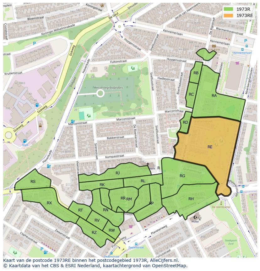 Afbeelding van het postcodegebied 1973 RE op de kaart.