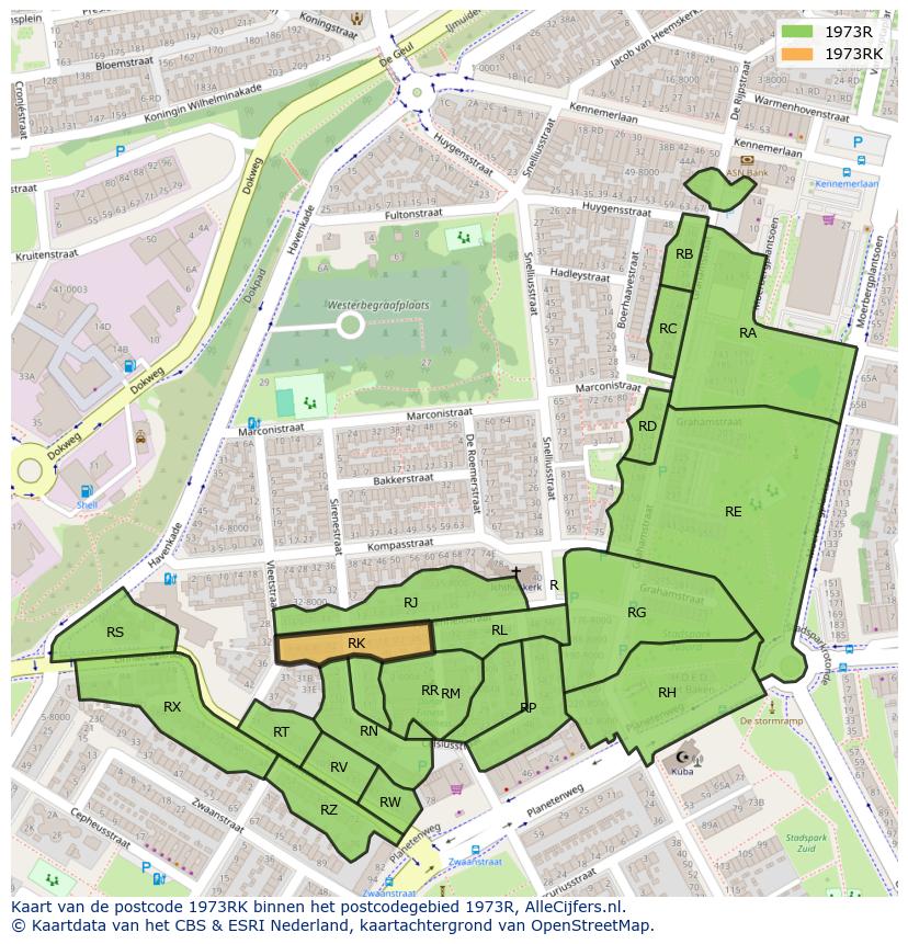 Afbeelding van het postcodegebied 1973 RK op de kaart.