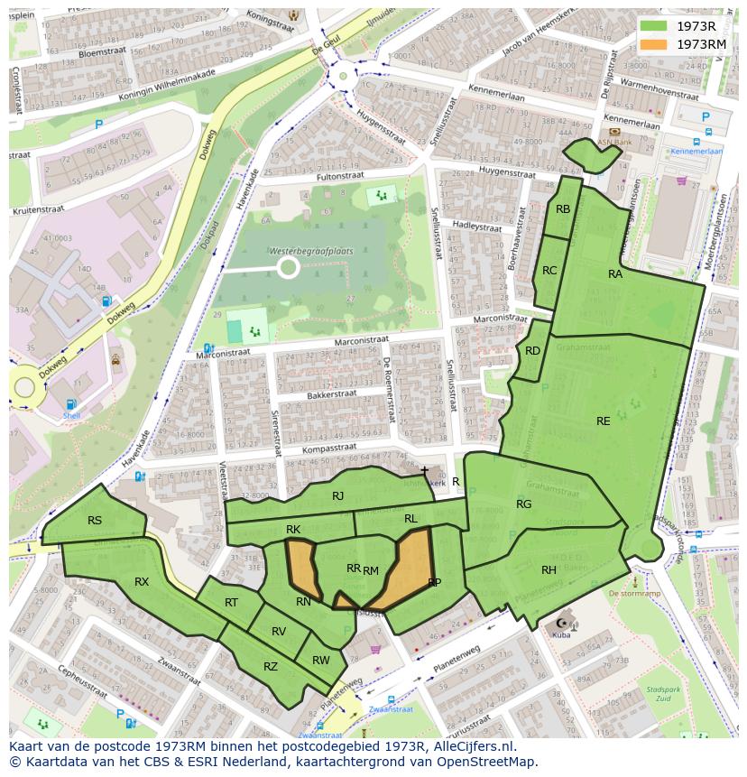 Afbeelding van het postcodegebied 1973 RM op de kaart.