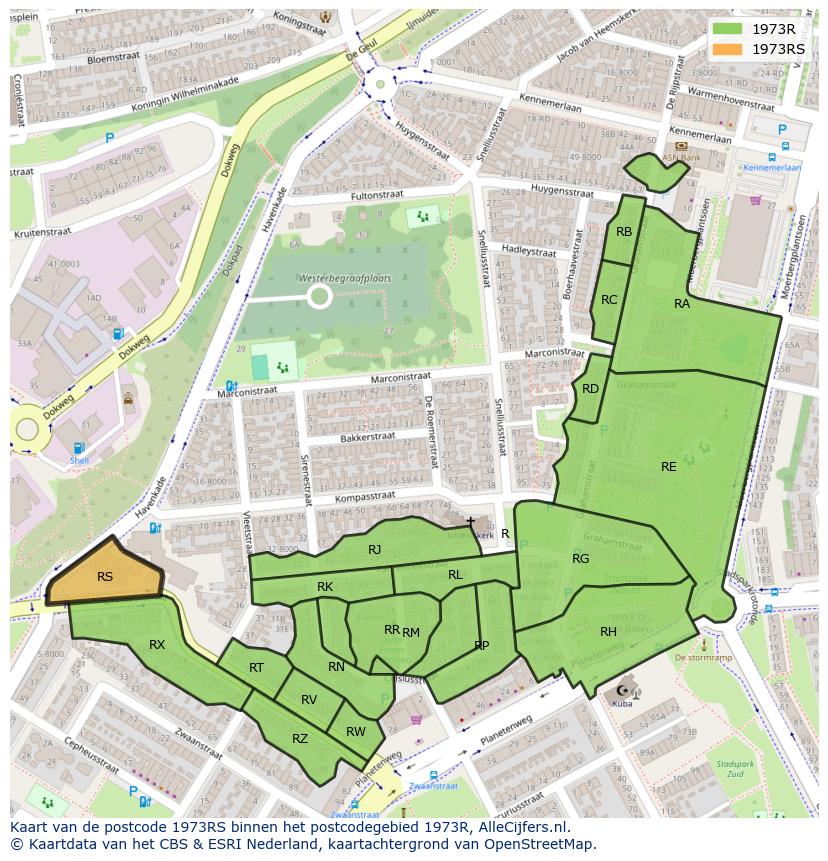 Afbeelding van het postcodegebied 1973 RS op de kaart.