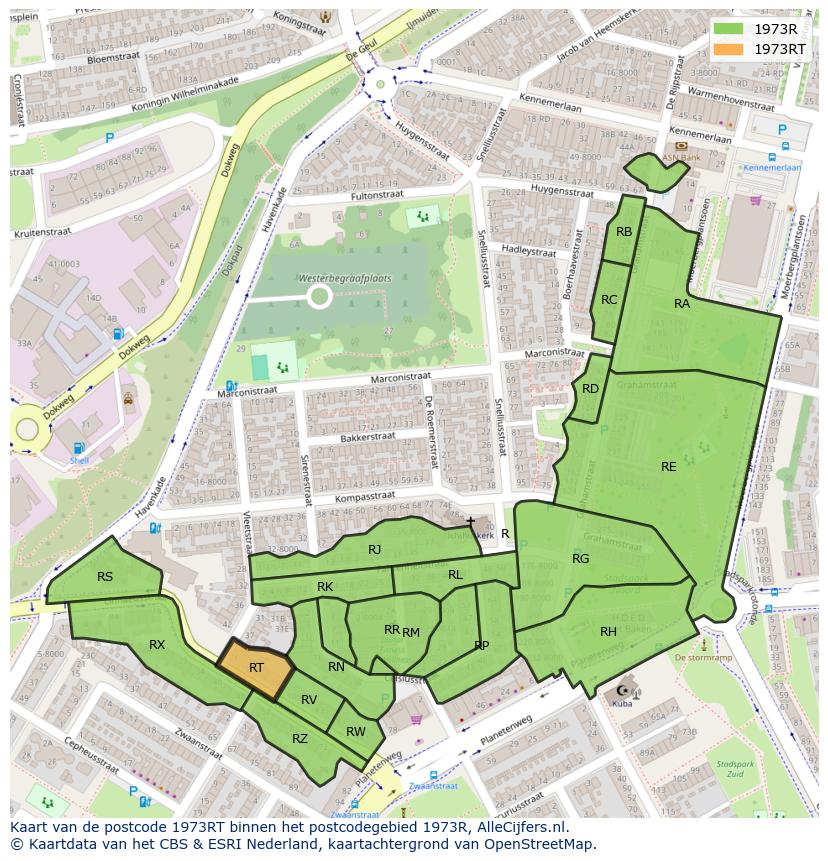 Afbeelding van het postcodegebied 1973 RT op de kaart.