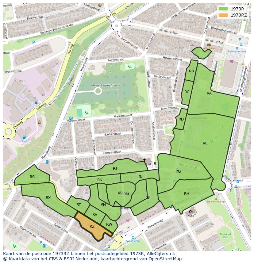 Afbeelding van het postcodegebied 1973 RZ op de kaart.