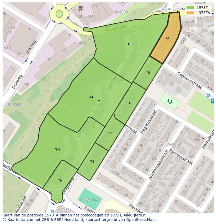Afbeelding van het postcodegebied 1973 TA op de kaart.