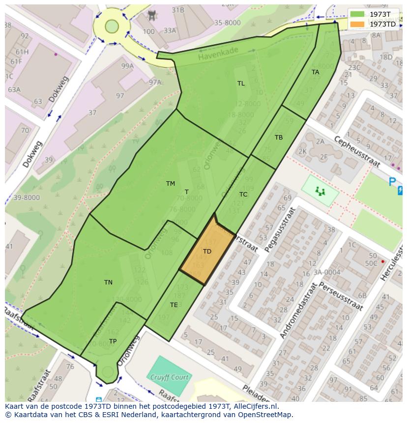 Afbeelding van het postcodegebied 1973 TD op de kaart.