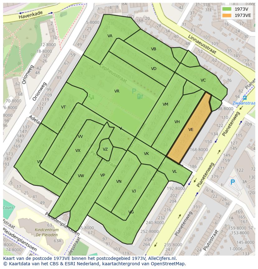 Afbeelding van het postcodegebied 1973 VE op de kaart.