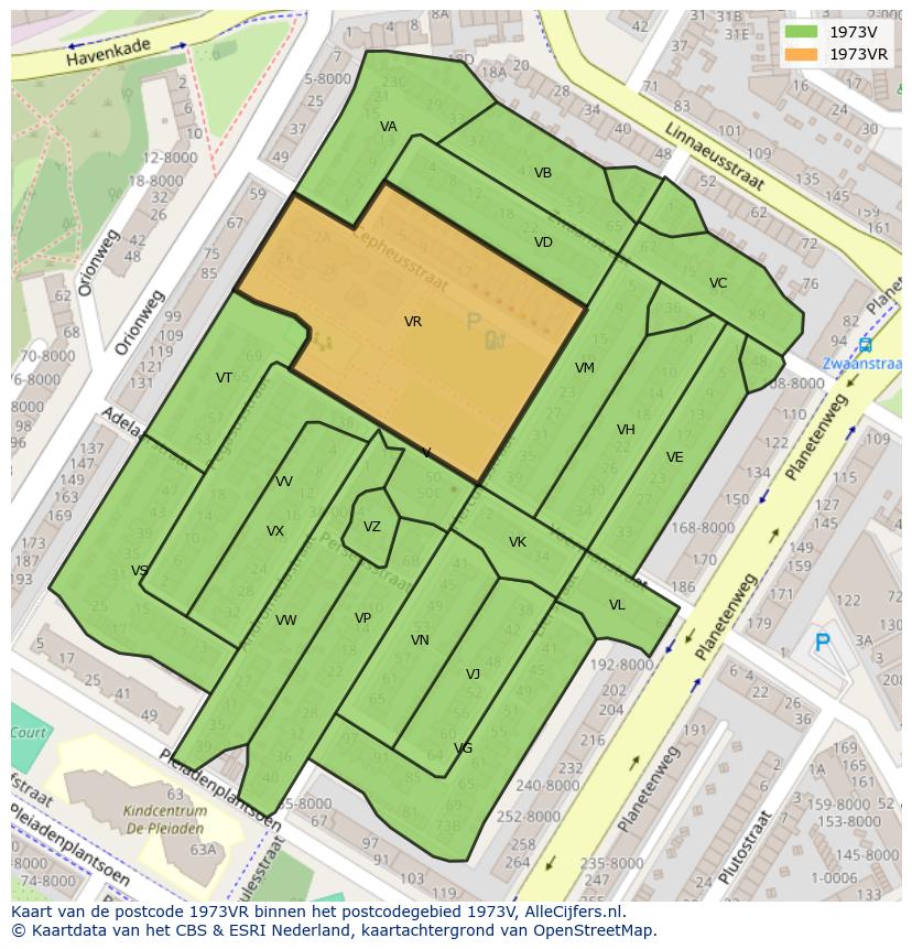 Afbeelding van het postcodegebied 1973 VR op de kaart.