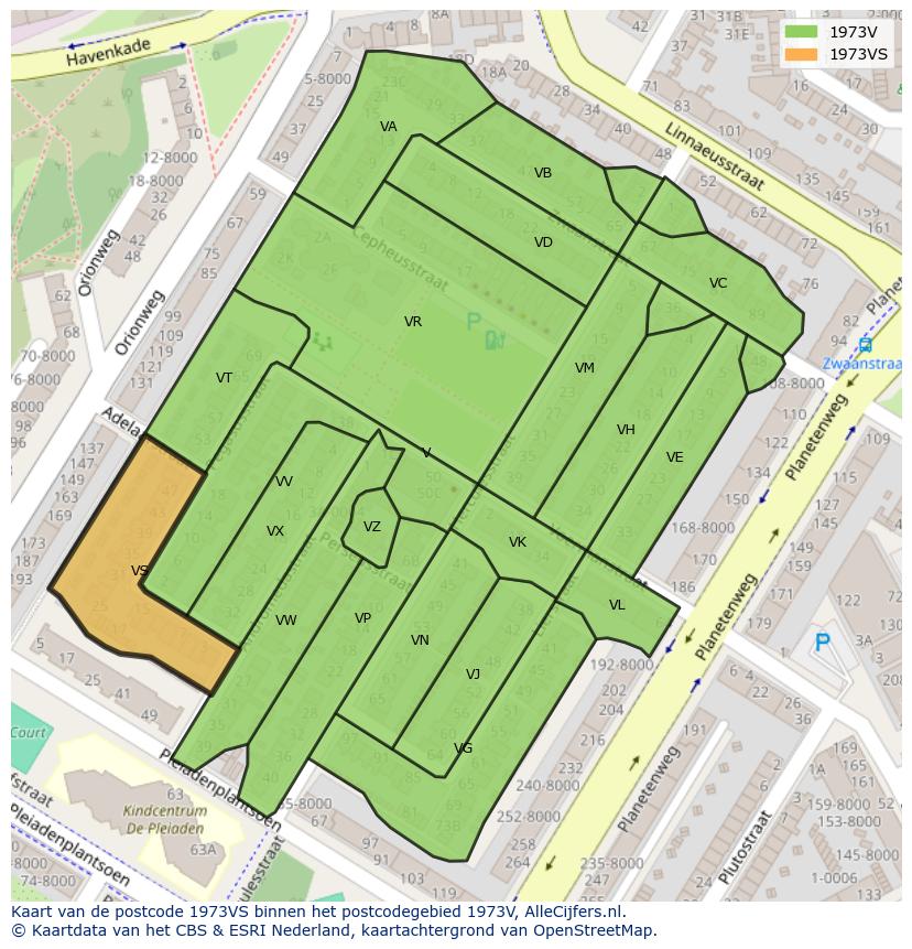 Afbeelding van het postcodegebied 1973 VS op de kaart.