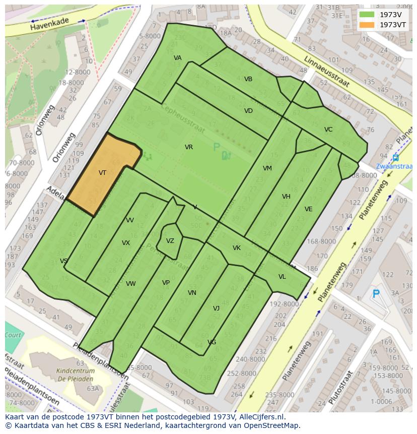 Afbeelding van het postcodegebied 1973 VT op de kaart.