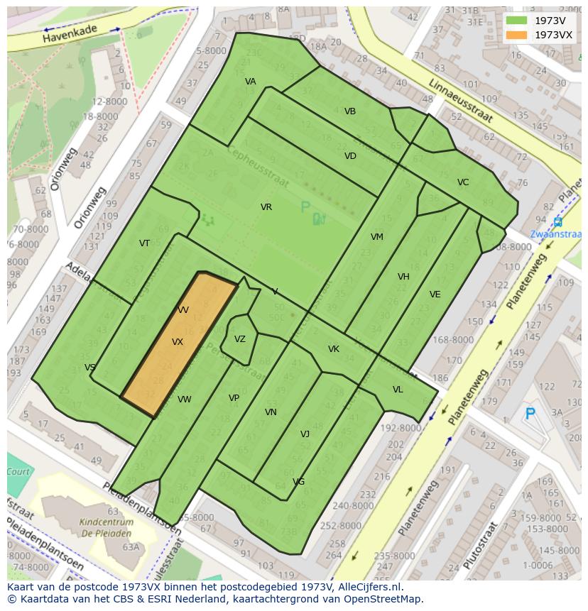 Afbeelding van het postcodegebied 1973 VX op de kaart.