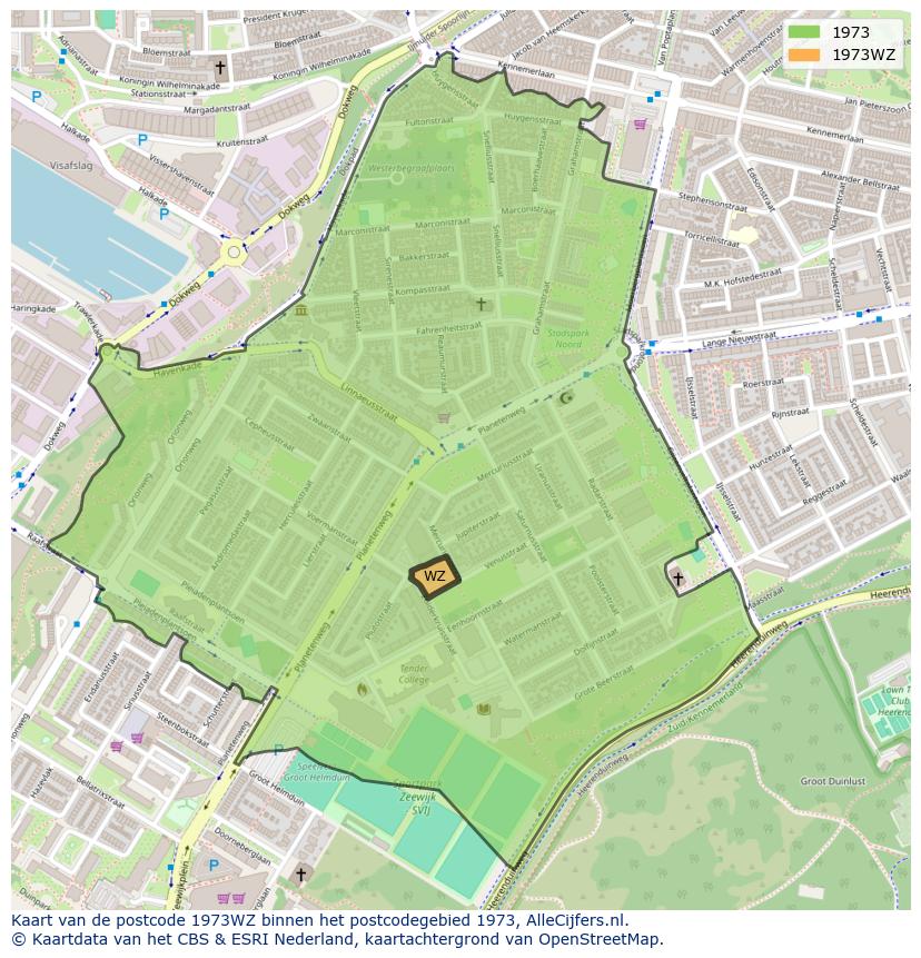 Afbeelding van het postcodegebied 1973 WZ op de kaart.