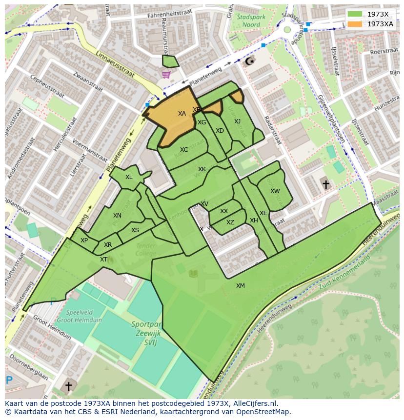 Afbeelding van het postcodegebied 1973 XA op de kaart.