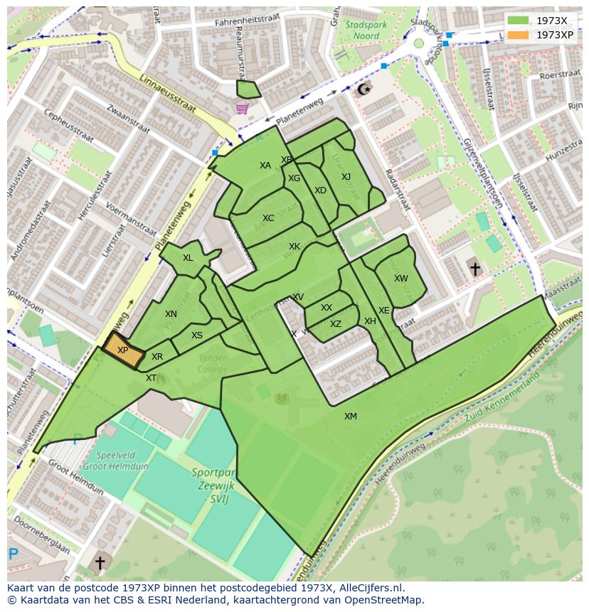 Afbeelding van het postcodegebied 1973 XP op de kaart.