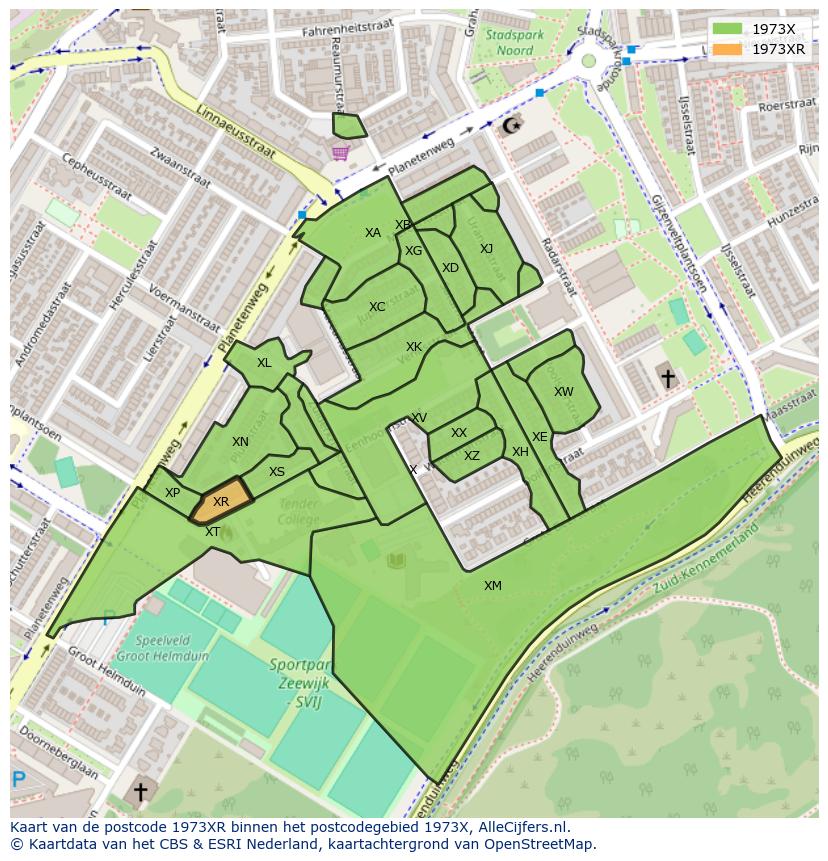 Afbeelding van het postcodegebied 1973 XR op de kaart.