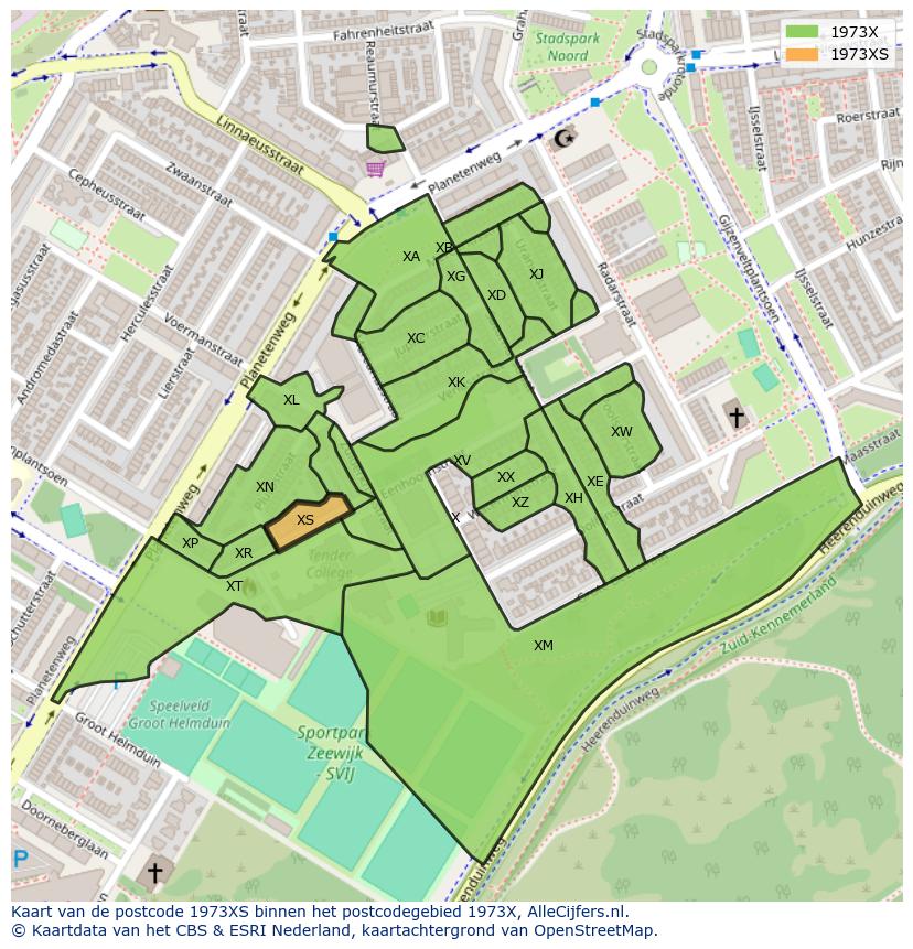 Afbeelding van het postcodegebied 1973 XS op de kaart.