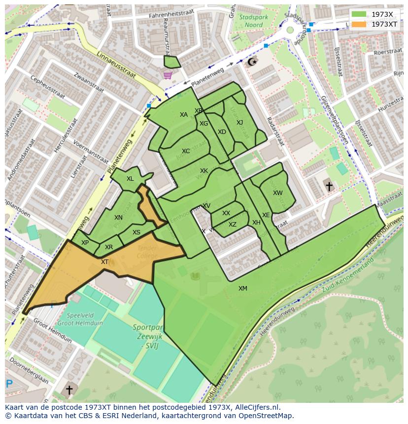 Afbeelding van het postcodegebied 1973 XT op de kaart.