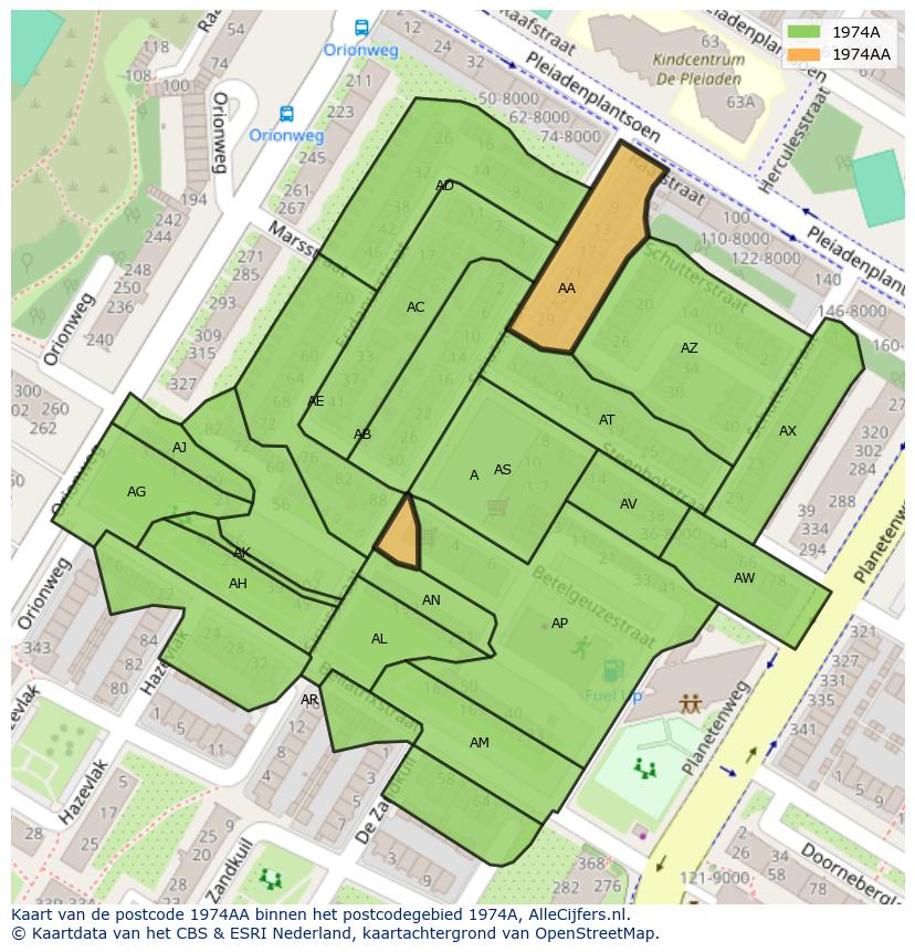 Afbeelding van het postcodegebied 1974 AA op de kaart.