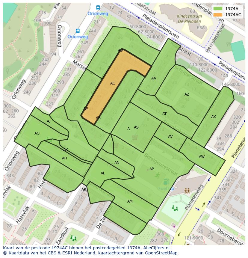Afbeelding van het postcodegebied 1974 AC op de kaart.