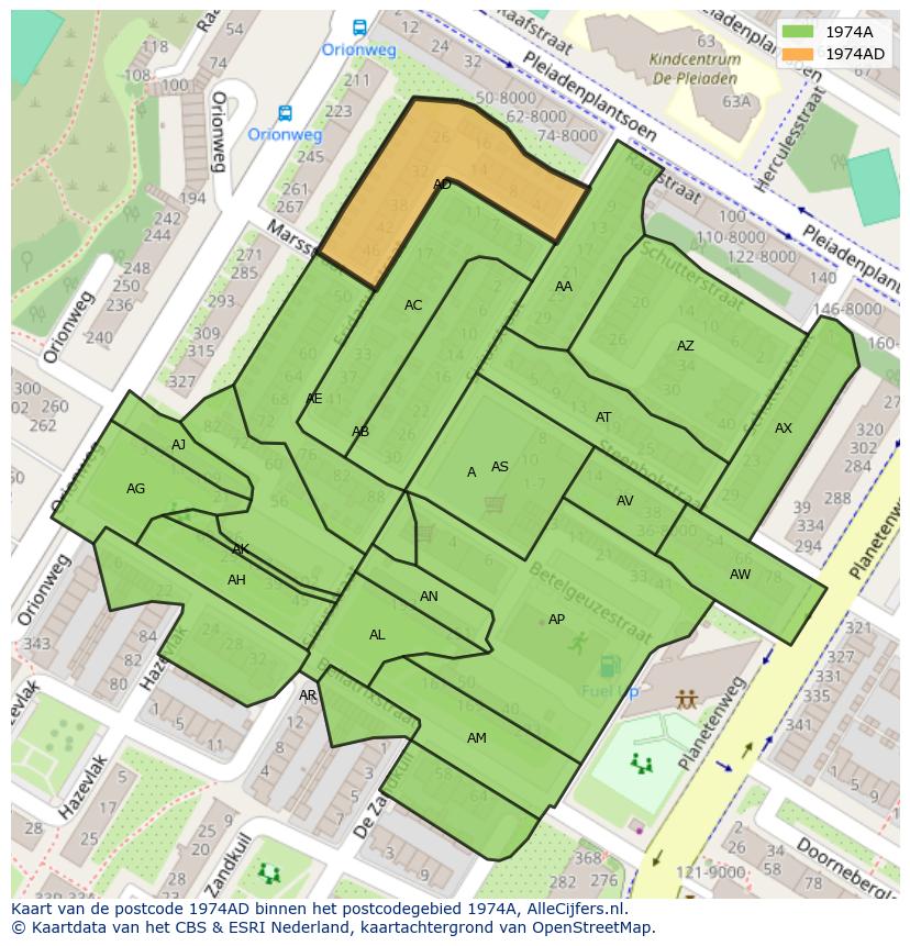 Afbeelding van het postcodegebied 1974 AD op de kaart.