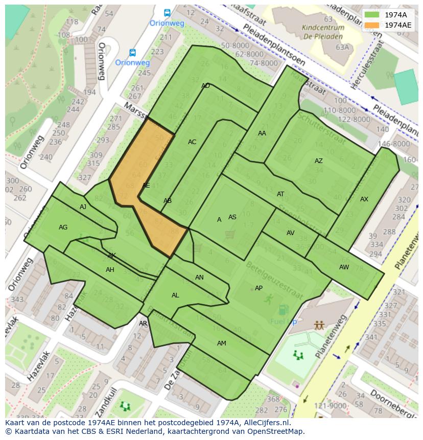 Afbeelding van het postcodegebied 1974 AE op de kaart.