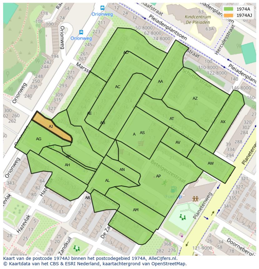 Afbeelding van het postcodegebied 1974 AJ op de kaart.