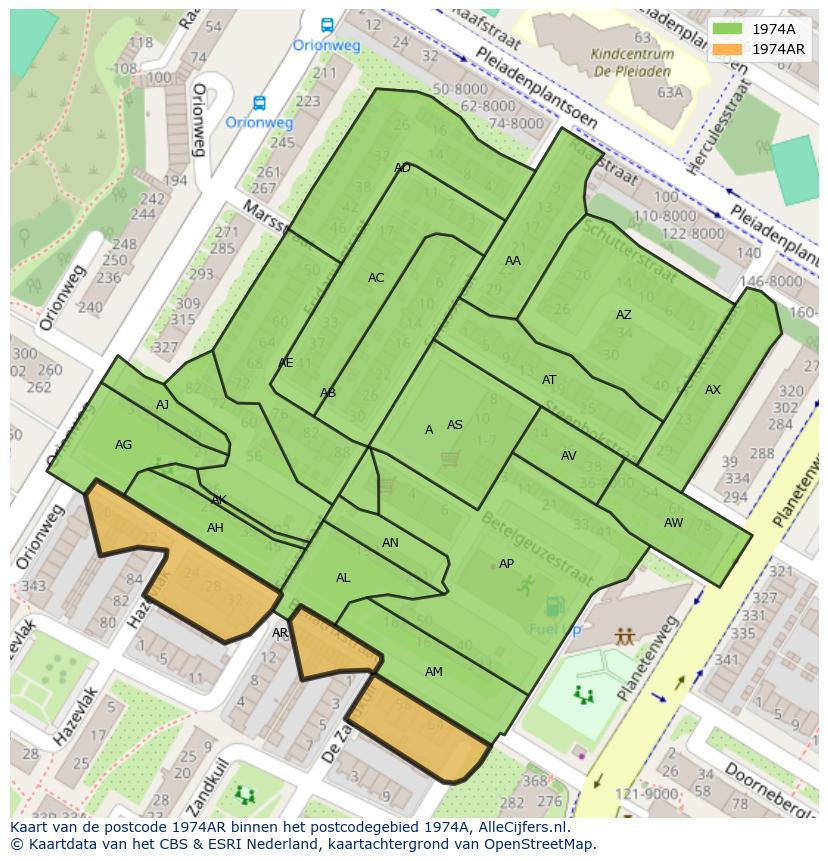 Afbeelding van het postcodegebied 1974 AR op de kaart.