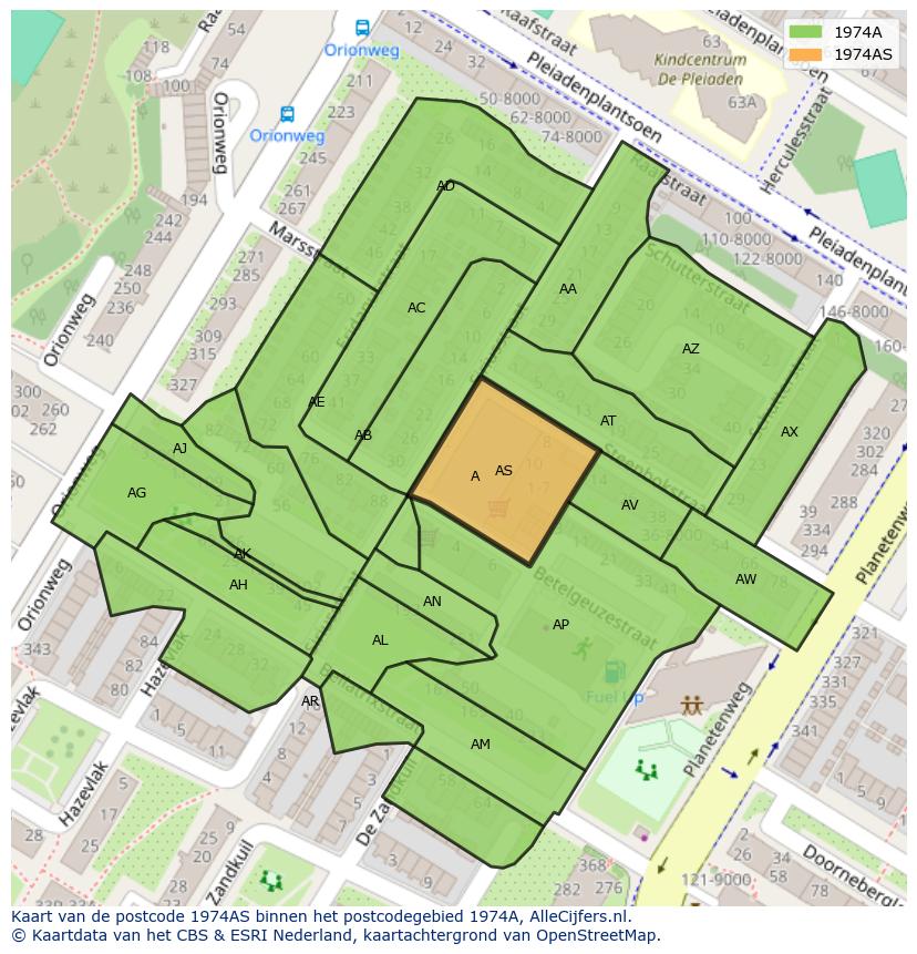 Afbeelding van het postcodegebied 1974 AS op de kaart.