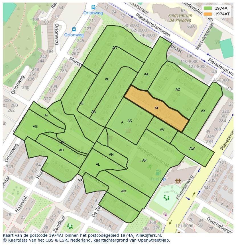 Afbeelding van het postcodegebied 1974 AT op de kaart.