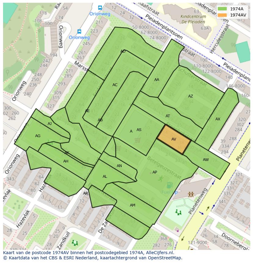 Afbeelding van het postcodegebied 1974 AV op de kaart.