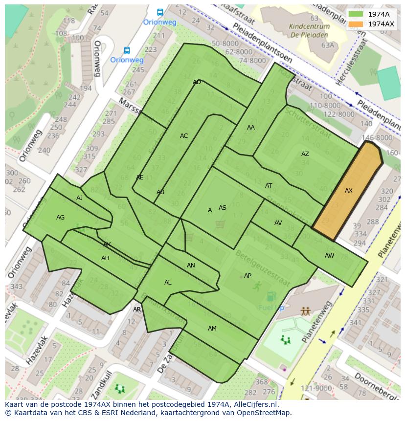 Afbeelding van het postcodegebied 1974 AX op de kaart.