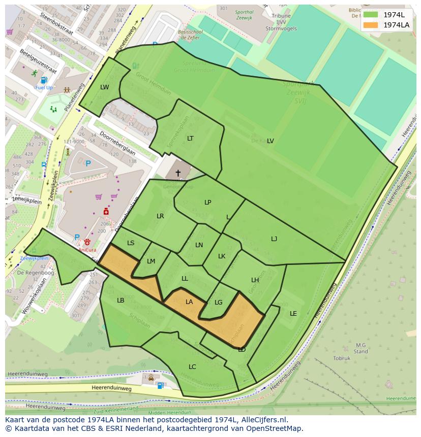 Afbeelding van het postcodegebied 1974 LA op de kaart.