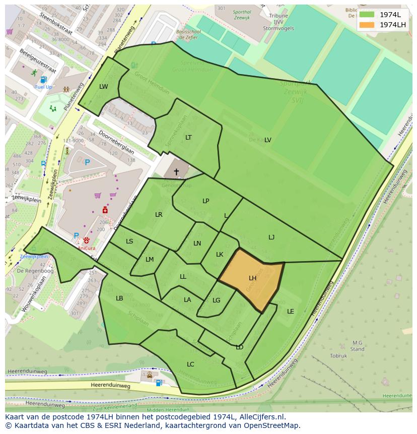 Afbeelding van het postcodegebied 1974 LH op de kaart.