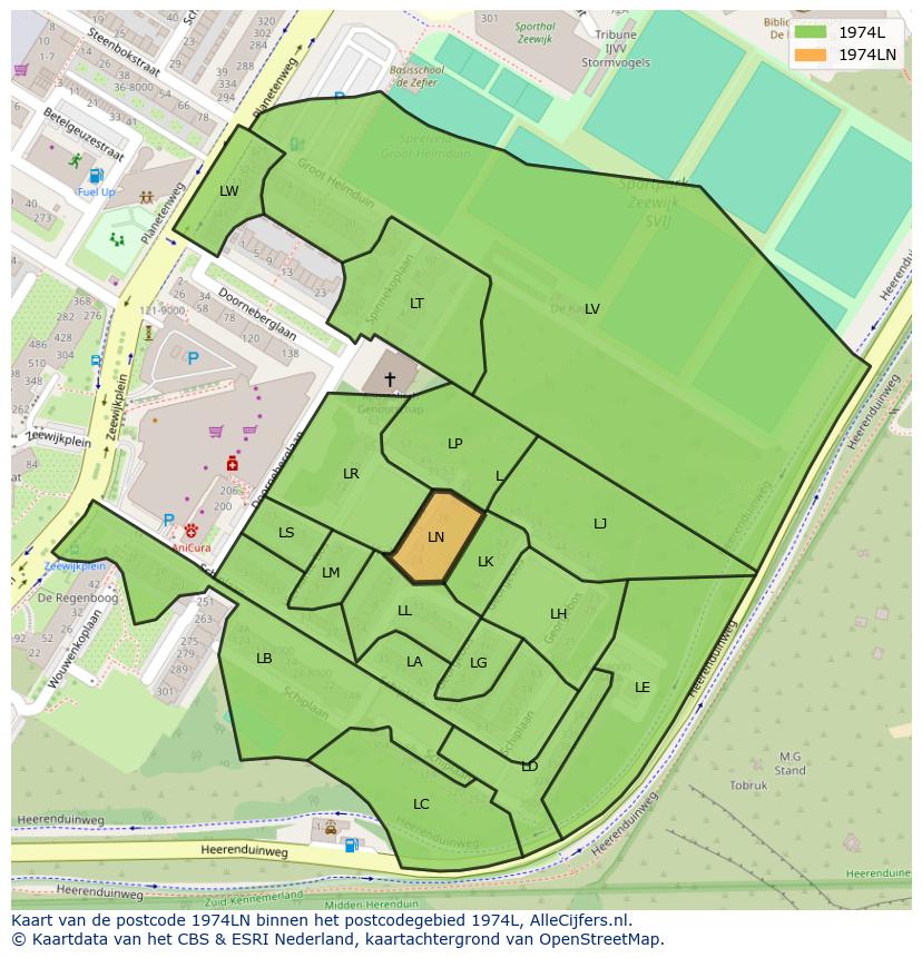 Afbeelding van het postcodegebied 1974 LN op de kaart.
