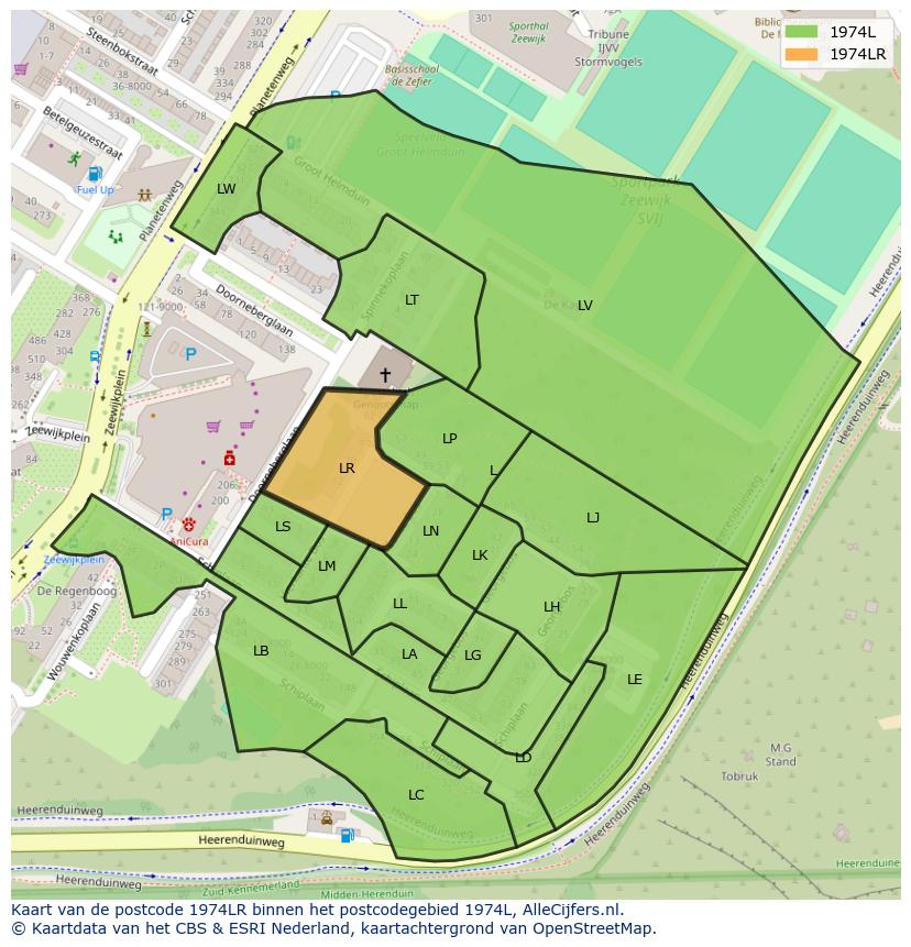 Afbeelding van het postcodegebied 1974 LR op de kaart.
