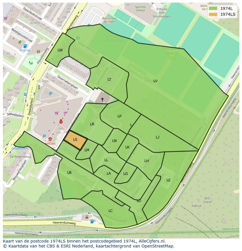 Afbeelding van het postcodegebied 1974 LS op de kaart.